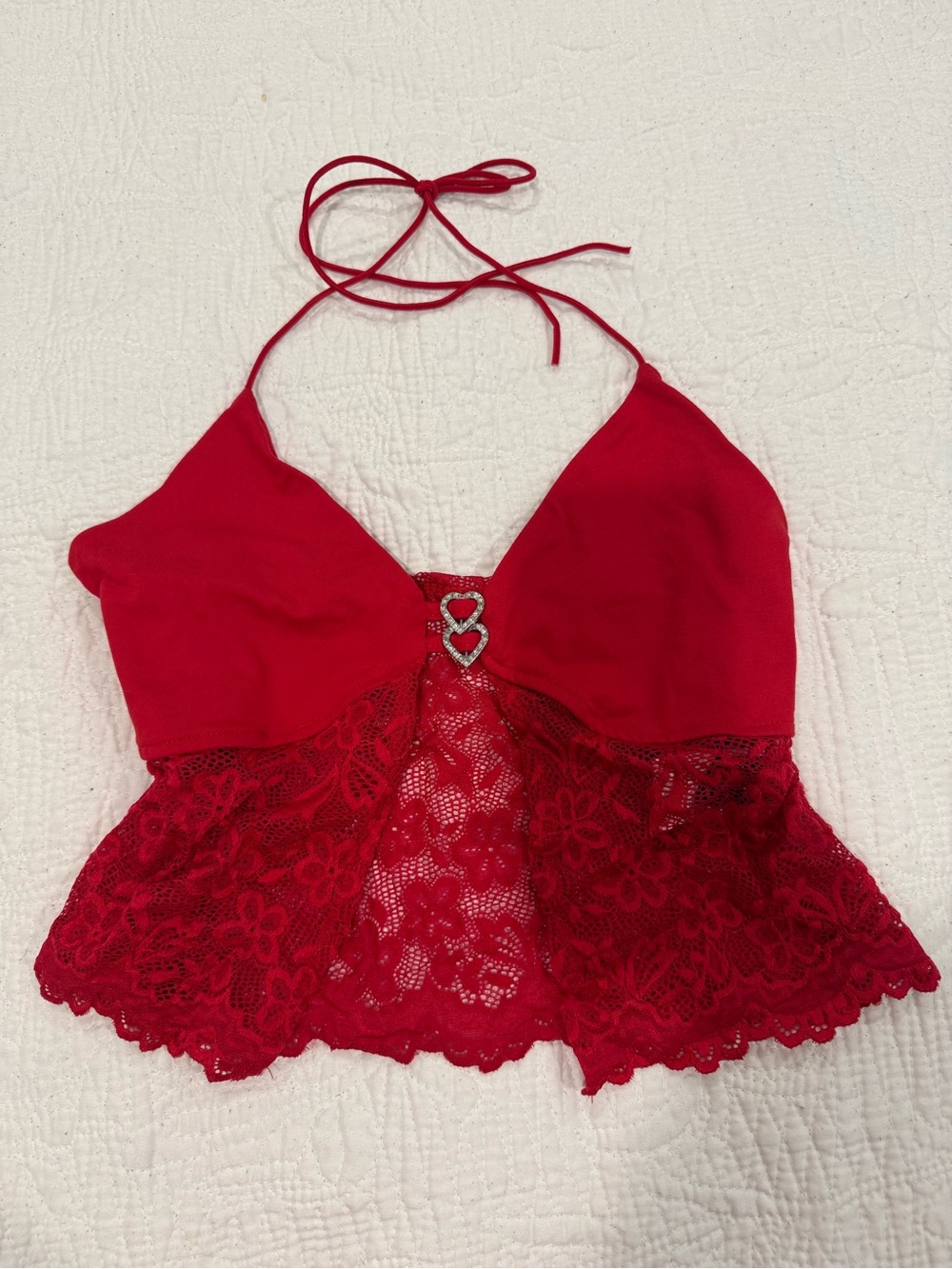 SHEIN Red Lace Halter Bralette with Double-Heart Accent